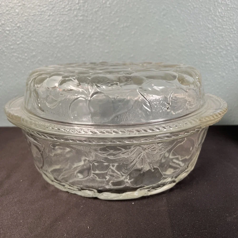 Libbey ORCHARD FRUIT Clear Glass 3 QT Round Casserole Baking Dish, Pie Plate Lid